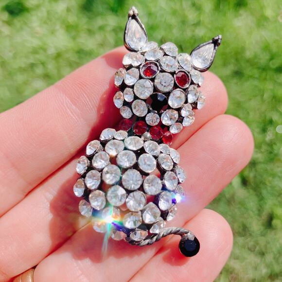 VTG Mid Century Figural Rhinestone Cat Brooch Clear Red Black Glass Stones Pin - Picture 2 of 11